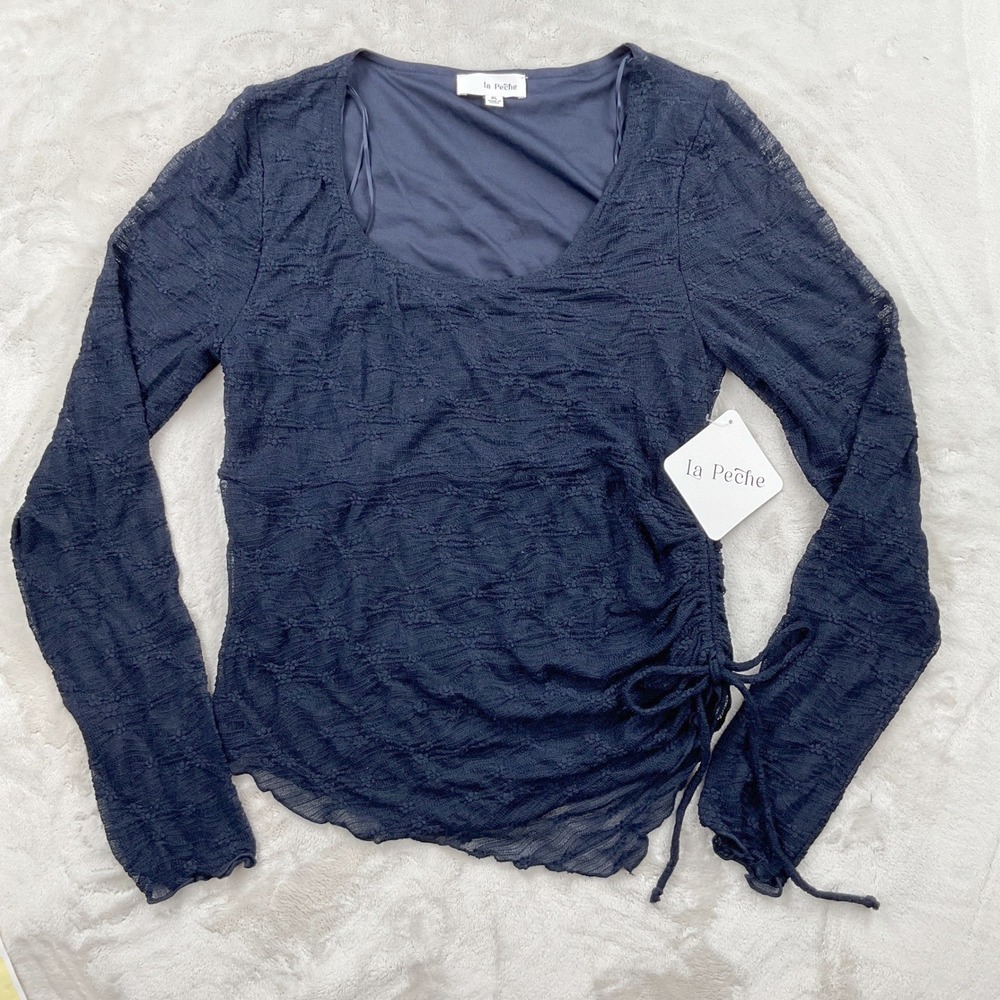 La Peche Navy Blue Ruched Lace Mesh Long Sleeve Top XL NWT